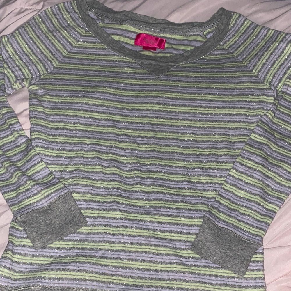 Victoria's Secret Womens Gray and Green Striped Long Sleeve Tee